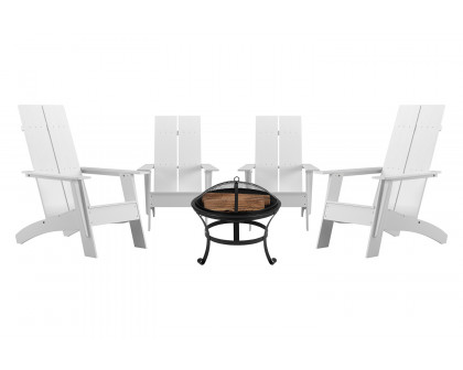 BLNK - Sawyer Commercial All-Weather 2-Slat White Poly Resin Adirondack Chairs with 22" Round Wood Burning Firepit Set of 4