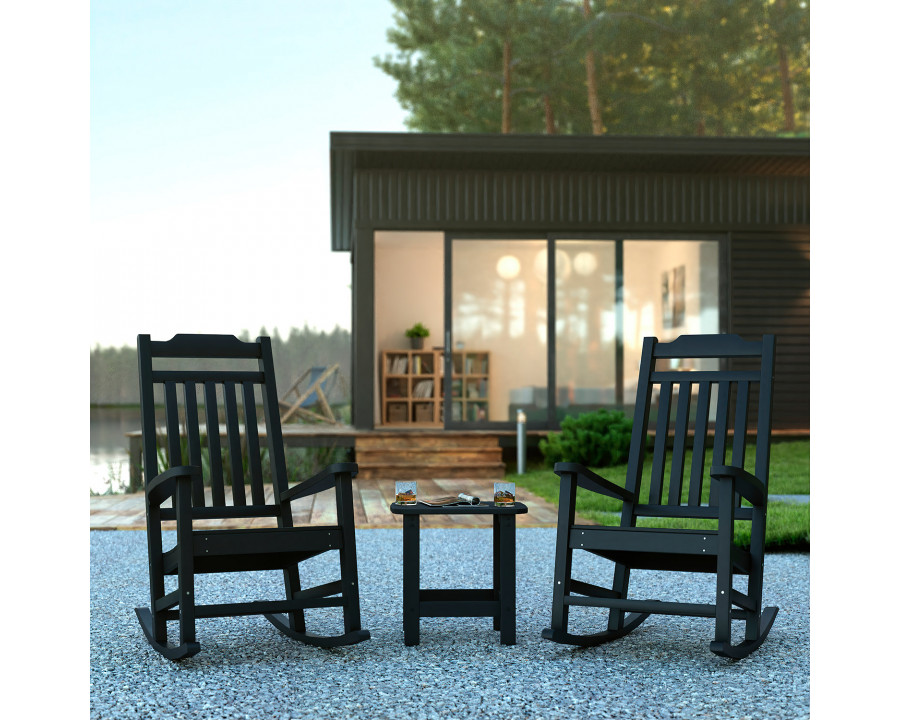 BLNK Winston All-Weather Poly Resin Rocking Chairs with Accent Side Table Set of 2 - Black