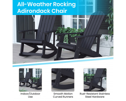 BLNK Savannah Commercial Poly Resin Wood All-Weather Adirondack Rocking Chairs with Side Table Set of 2 - Black