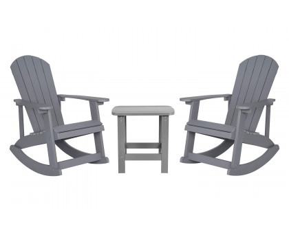 BLNK Savannah Commercial Poly Resin Wood All-Weather Adirondack Rocking Chairs with Side Table Set of 2 - Gray