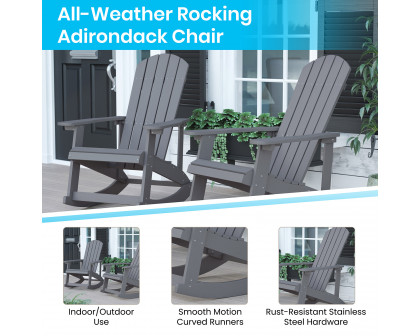 BLNK Savannah Commercial Poly Resin Wood All-Weather Adirondack Rocking Chairs with Side Table Set of 2 - Gray