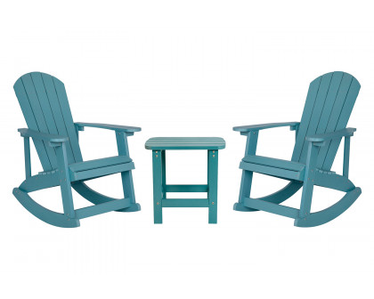 BLNK Savannah Commercial Poly Resin Wood All-Weather Adirondack Rocking Chairs with Side Table Set of 2 - Sea Foam