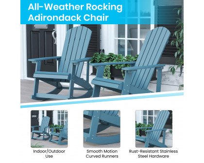 BLNK Savannah Commercial Poly Resin Wood All-Weather Adirondack Rocking Chairs with Side Table Set of 2 - Sea Foam