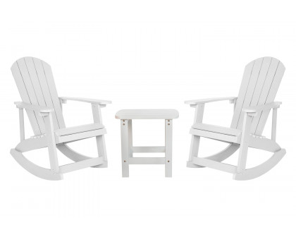 BLNK Savannah Commercial Poly Resin Wood All-Weather Adirondack Rocking Chairs with Side Table Set of 2 - White