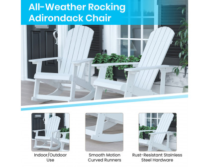 BLNK Savannah Commercial Poly Resin Wood All-Weather Adirondack Rocking Chairs with Side Table Set of 2 - White