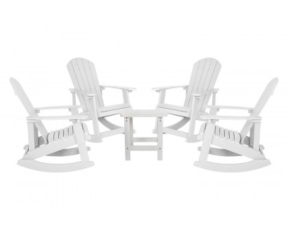 BLNK Savannah Commercial Poly Resin Wood All-Weather Adirondack Rocking Chairs with Side Table Set of 4 - White