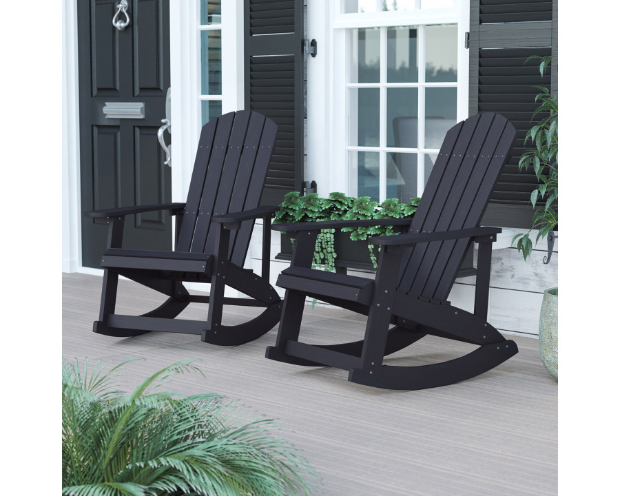 BLNK Savannah Commercial Poly Resin Wood All-Weather Adirondack Rocking Chair with Rust Resistant Stainless Steel Hardware Set of 2 - Black