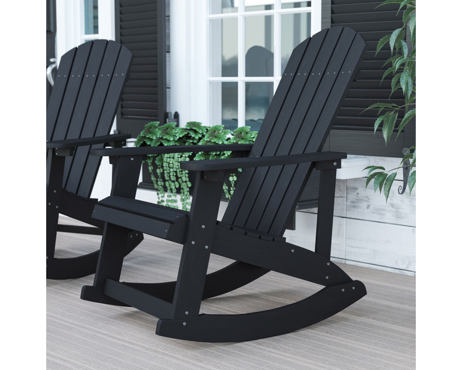 BLNK Savannah Commercial Poly Resin Wood All-Weather Adirondack Rocking Chair with Rust Resistant Stainless Steel Hardware - Black