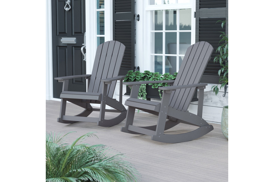 BLNK™ Savannah Commercial Poly Resin Wood All-Weather Adirondack Rocking Chair with Rust Resistant Stainless Steel Hardware Set of 2 - Gray