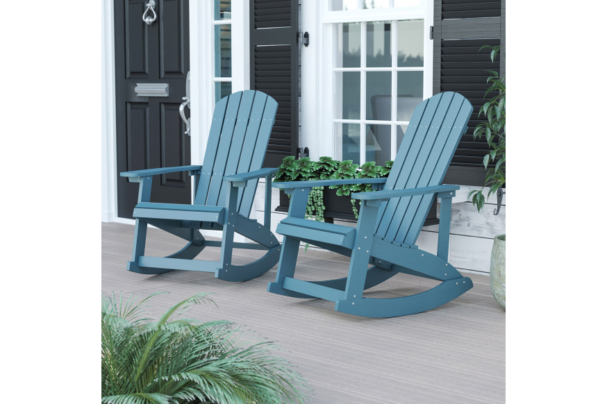 BLNK™ Savannah Commercial Poly Resin Wood All-Weather Adirondack Rocking Chair with Rust Resistant Stainless Steel Hardware Set of 2 - Sea Foam