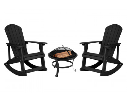 BLNK Savannah Commercial Poly Resin Wood All-Weather Adirondack Rocking Chairs with 22" Round Wood Burning Firepit Set of 2 - Black