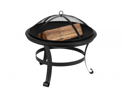 BLNK Savannah Commercial Poly Resin Wood All-Weather Adirondack Rocking Chairs with 22" Round Wood Burning Firepit Set of 2 - Black