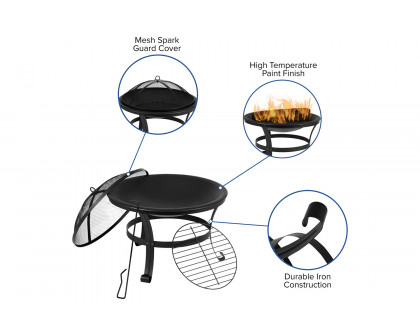 BLNK Savannah Commercial Poly Resin Wood All-Weather Adirondack Rocking Chairs with 22" Round Wood Burning Firepit Set of 2 - Black