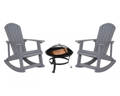 BLNK Savannah Commercial Poly Resin Wood All-Weather Adirondack Rocking Chairs with 22" Round Wood Burning Firepit Set of 2