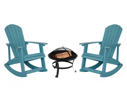 BLNK Savannah Commercial Poly Resin Wood All-Weather Adirondack Rocking Chairs with 22" Round Wood Burning Firepit Set of 2 - Sea Foam