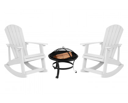 BLNK Savannah Commercial Poly Resin Wood All-Weather Adirondack Rocking Chairs with 22" Round Wood Burning Firepit Set of 2 - White