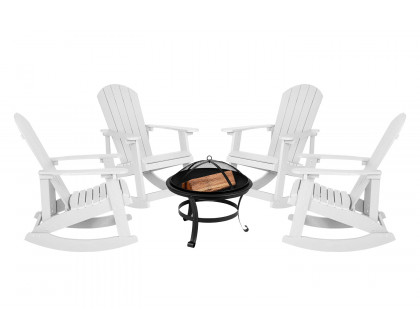 BLNK Savannah Commercial Poly Resin Wood All-Weather Adirondack Rocking Chairs with 22" Round Wood Burning Firepit Set of 4