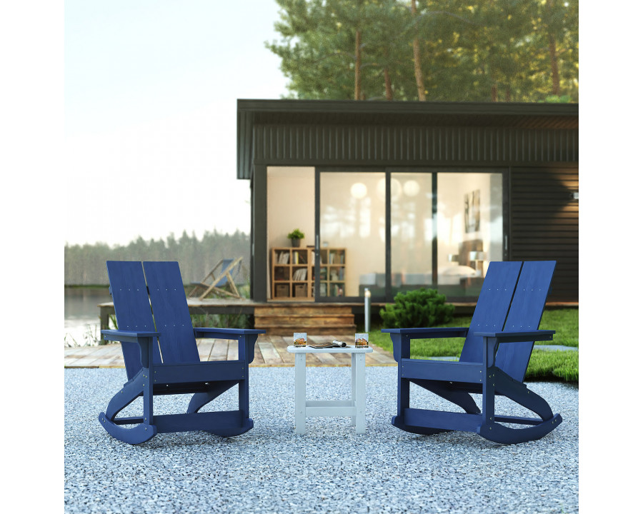 BLNK Finn Commercial All-Weather Poly Resin 2-Slat Rocking Adirondack Chairs with Matching Side Table Set of 2 - Navy