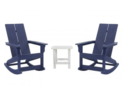 BLNK Finn Commercial All-Weather Poly Resin 2-Slat Rocking Adirondack Chairs with Matching Side Table Set of 2 - Navy