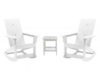 BLNK Finn Commercial All-Weather Poly Resin 2-Slat Rocking Adirondack Chairs with Matching Side Table Set of 2 - White