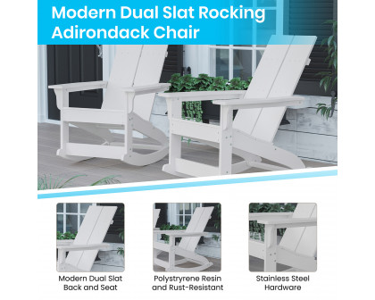 BLNK Finn Commercial All-Weather Poly Resin 2-Slat Rocking Adirondack Chairs with Matching Side Table Set of 2 - White