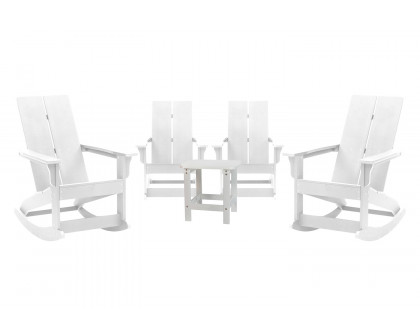 BLNK Finn Commercial All-Weather Poly Resin 2-Slat Rocking Adirondack Chairs with Matching Side Table Set of 4 - White