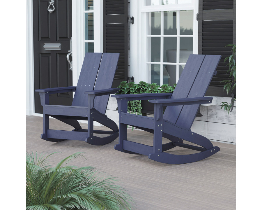 BLNK Finn Commercial All-Weather Poly Resin 2-Slat Rocking Adirondack Chair with Rust Resistant Stainless Steel Hardware Set of 2 - Navy