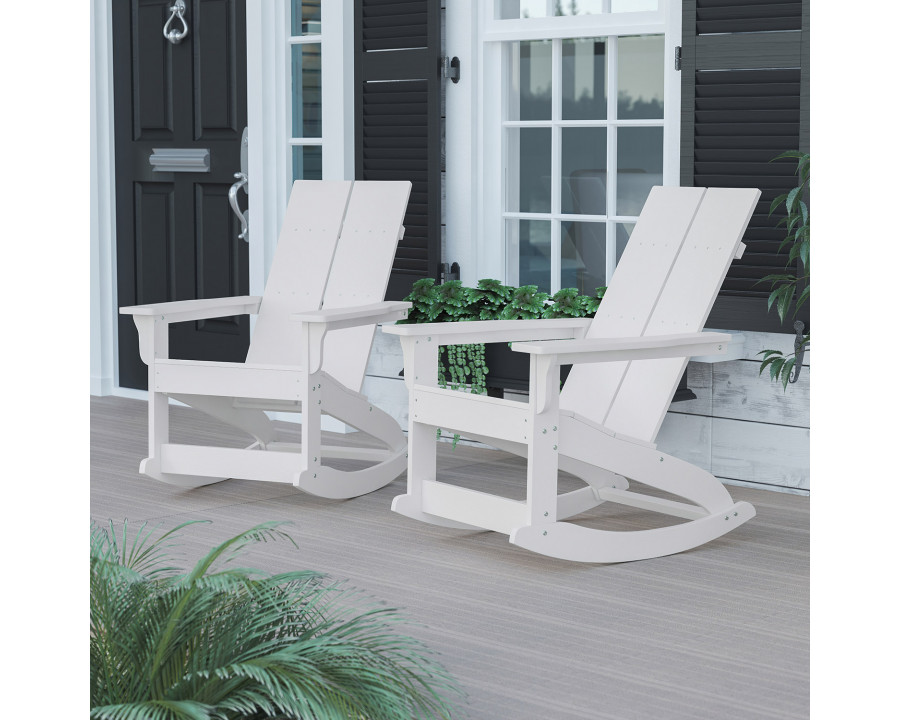 BLNK Finn Commercial All-Weather Poly Resin 2-Slat Rocking Adirondack Chair with Rust Resistant Stainless Steel Hardware Set of 2 - White