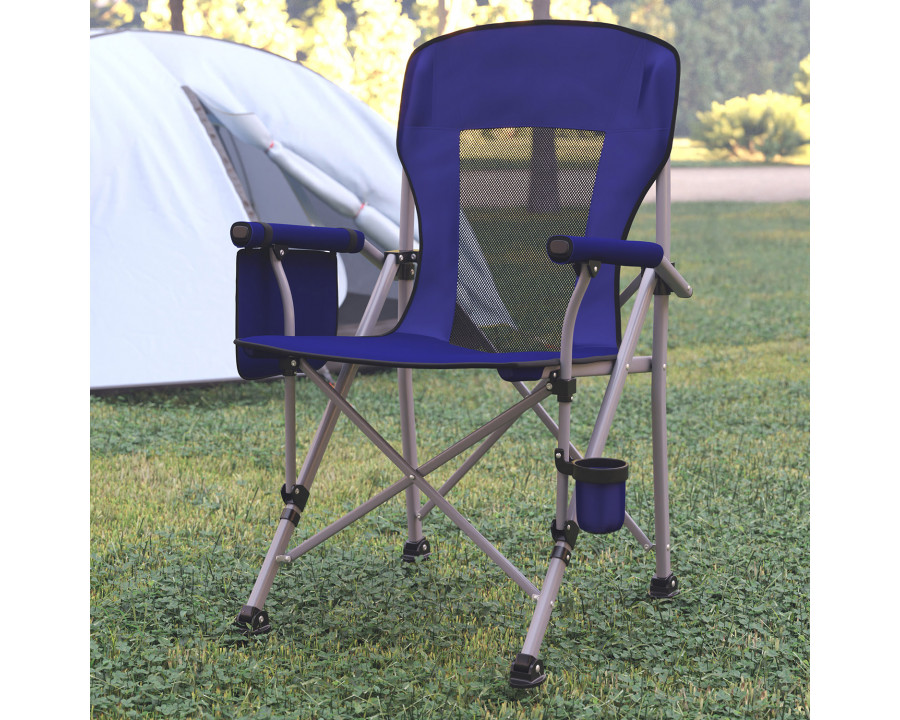 BLNK High Back Folding Heavy Duty Portable Camping Chair with Padded Arms, Cup Holder, Storage Pouch and Extra Wide Carry Bag - Blue/Gray