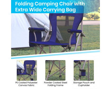 BLNK High Back Folding Heavy Duty Portable Camping Chair with Padded Arms, Cup Holder, Storage Pouch and Extra Wide Carry Bag - Blue/Gray