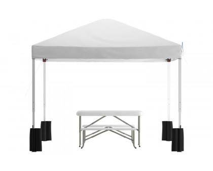 BLNK Harris Pop Up Event Canopy Tent with Wheeled Case and Folding Bench Set - White