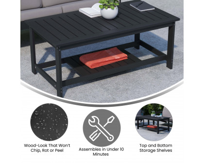 BLNK Charlestown Commercial All-Weather Poly Resin Wood Two Tiered Adirondack Slatted Coffee Conversation Table - Black