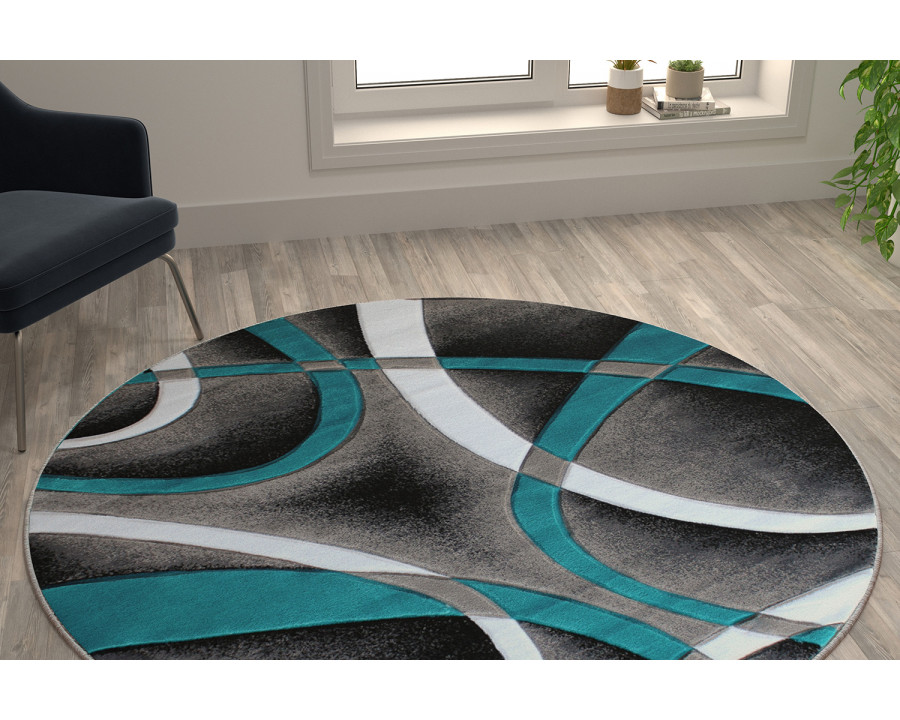 BLNK Atlan Collection Abstract Round Olefin Area Rug with Jute Backing - Turquoise, 5'W x 5'L