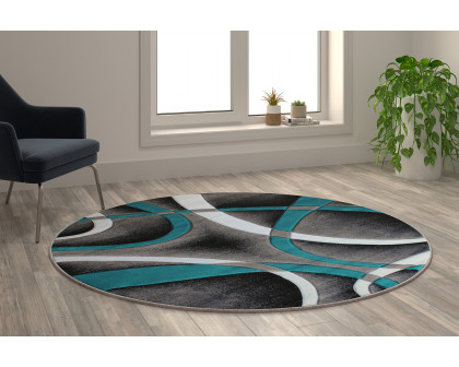 BLNK Atlan Collection Abstract Round Olefin Area Rug with Jute Backing - Turquoise, 5'W x 5'L