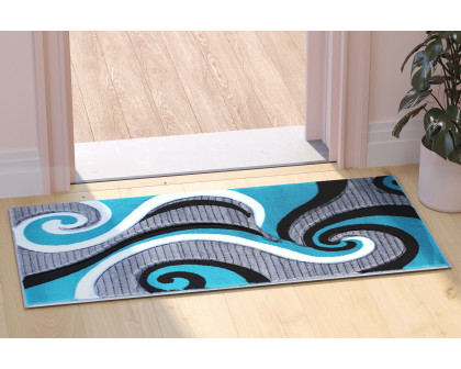 BLNK Athos Collection Abstract Olefin Area Rug with Jute Backing - Turquoise, 2'W x 7'L