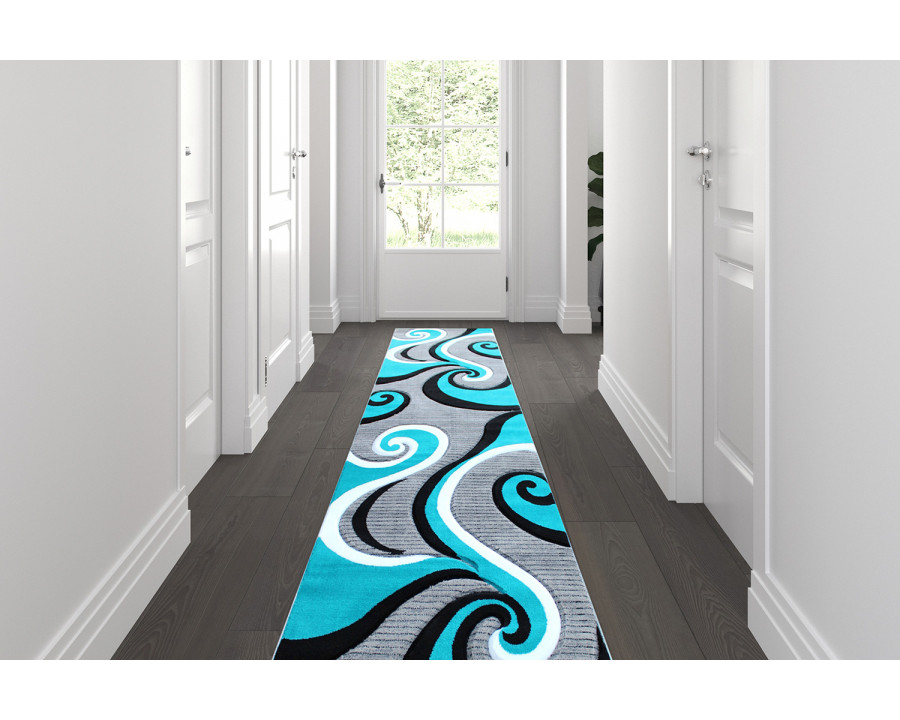 BLNK Athos Collection Abstract Olefin Area Rug with Jute Backing - Turquoise, 3'W x 10'L