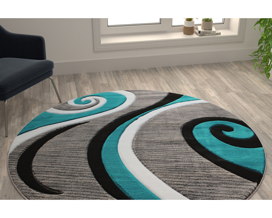 BLNK Athos Collection Abstract Olefin Area Rug with Jute Backing - Turquoise, 5'W x 5'L