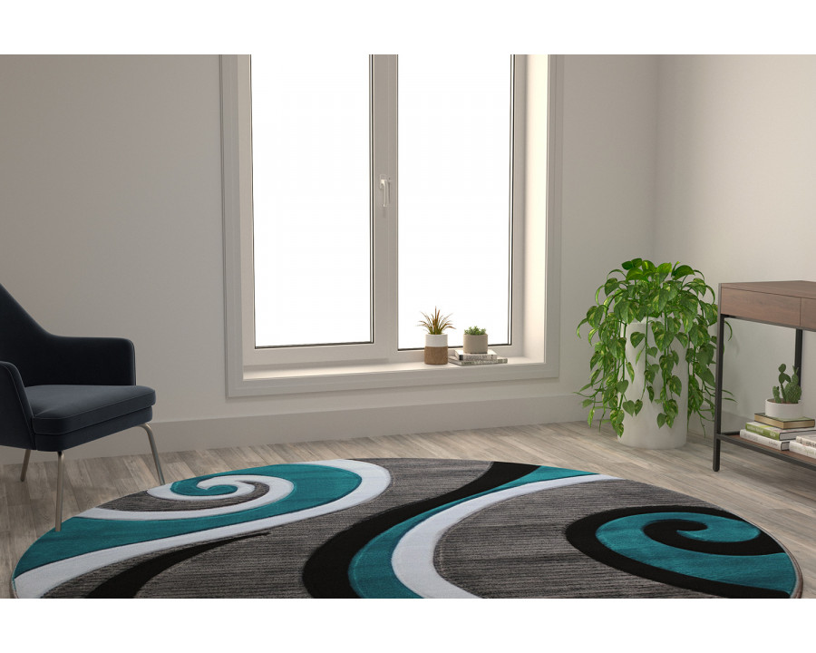 BLNK Athos Collection Abstract Olefin Area Rug with Jute Backing - Turquoise, 8'W x 8'L