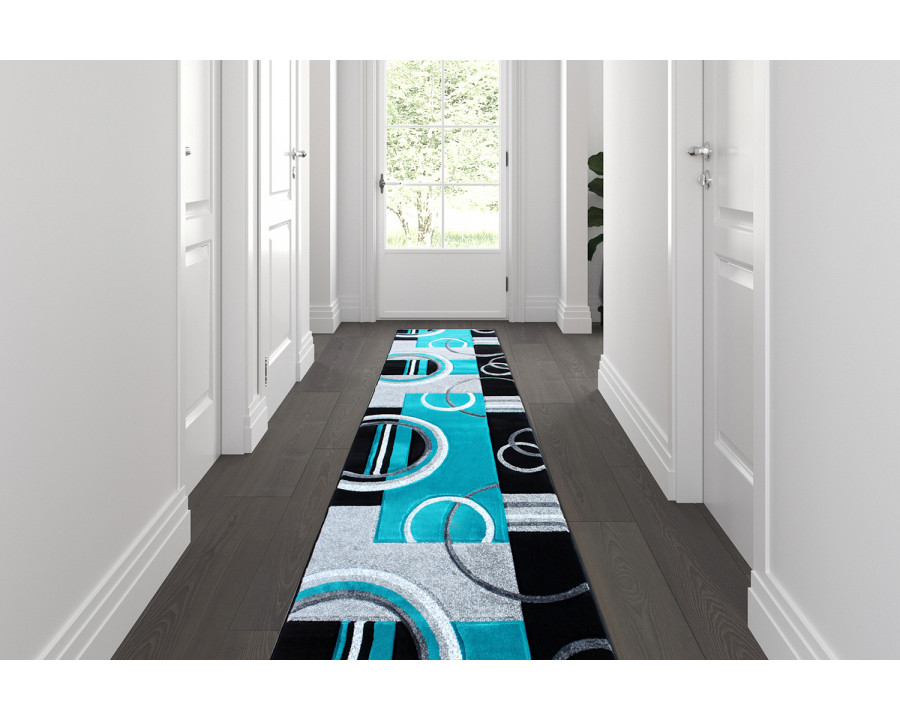 BLNK Audra Collection Abstract Olefin Area Rug with Jute Backing - Turquoise, 3'W x 10'L