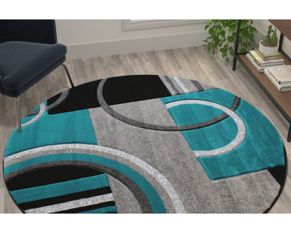 BLNK Audra Collection Abstract Round Olefin Area Rug with Jute Backing - Turquoise, 5'W x 5'L