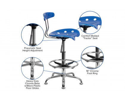 BLNK Bradley Vibrant Chrome Drafting Stool with Tractor Seat - Bright Blue