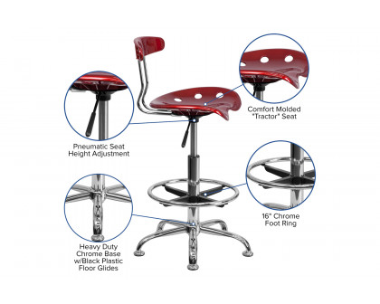 BLNK Bradley Vibrant Chrome Drafting Stool with Tractor Seat - Wine Red