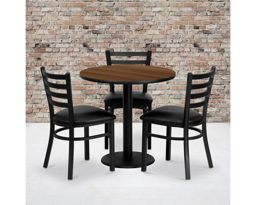 BLNK - Clark Round Walnut Laminate Table Set with 3 Ladder Back Metal Chairs with Vinyl Seat