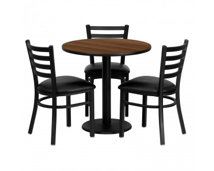 BLNK - Clark Round Walnut Laminate Table Set with 3 Ladder Back Metal Chairs with Vinyl Seat