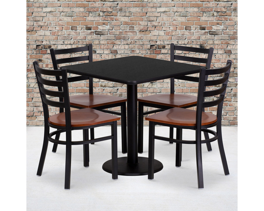 BLNK - Clark Square Black Laminate Table Set with 4 Ladder Back Metal Chairs with Wood Seat