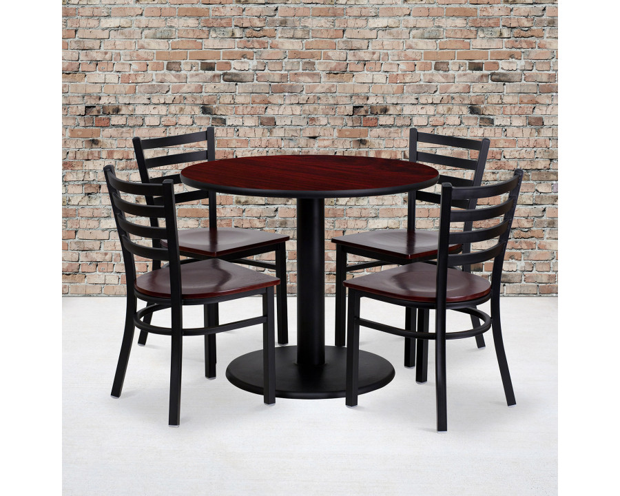 BLNK - Clark Round Mahogany Laminate Table Set with 4 Ladder Back Metal Chairs with Wood Seat