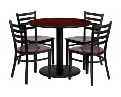 BLNK - Clark Round Mahogany Laminate Table Set with 4 Ladder Back Metal Chairs with Wood Seat