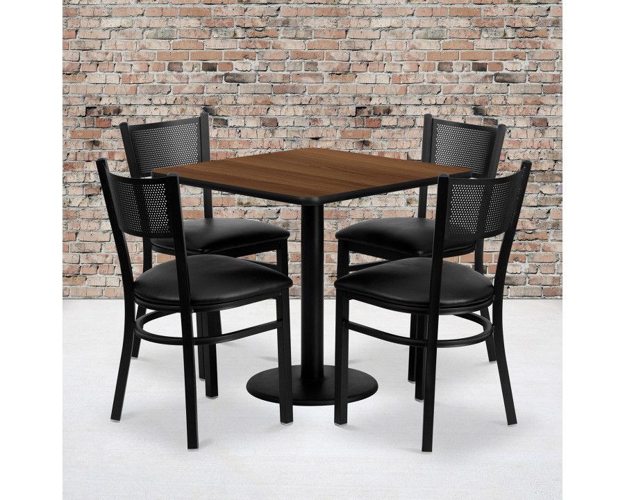 BLNK - Clark Square Walnut Laminate Table Set with 4 Grid Back Metal Chairs with Vinyl Seat