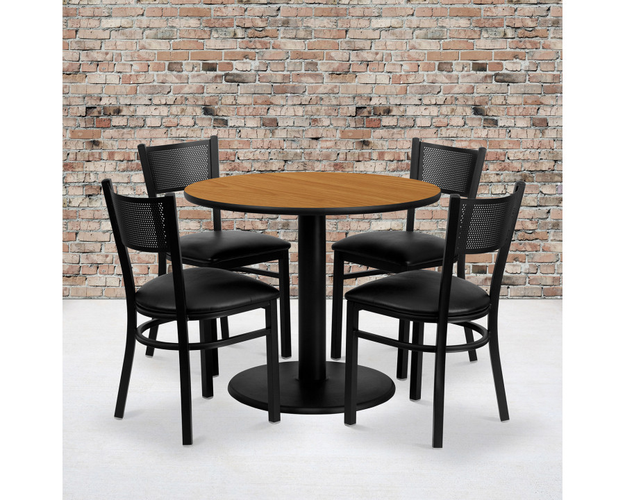 BLNK - Clark Round Natural Laminate Table Set with 4 Grid Back Metal Chairs with Vinyl Seat