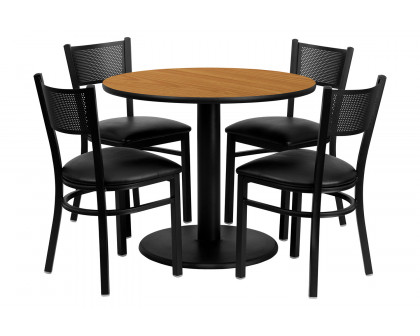 BLNK - Clark Round Natural Laminate Table Set with 4 Grid Back Metal Chairs with Vinyl Seat